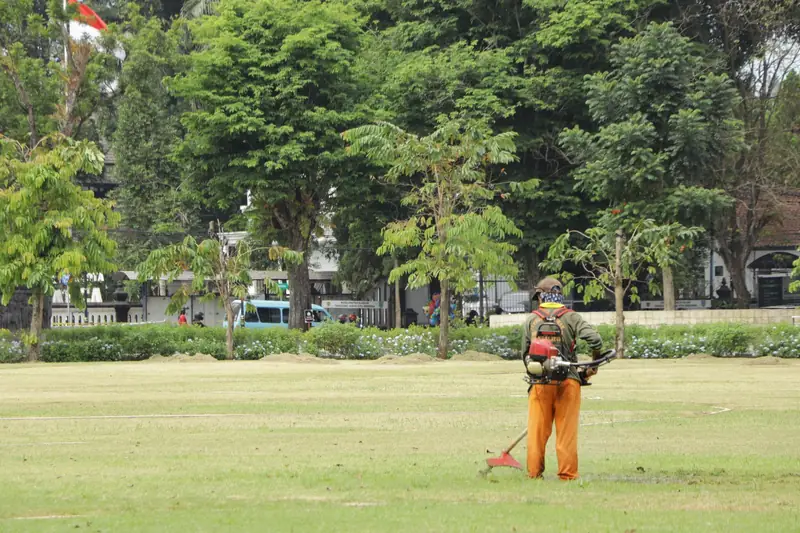 Grounds worker mowing a large lawn in a park